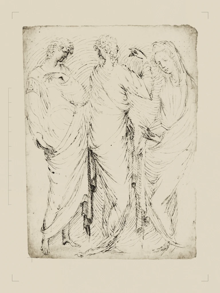 Three Standing Figures (recto); Seated Woman and a Male Hermit in Half-length (verso). The Met, CC0, treated as a collage plate.